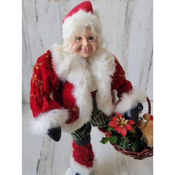 Mrs claus ice skate teddy bear basket flower figure xmas decor